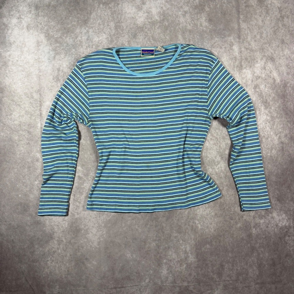 Vtg 90s North Crest Womens XL Blue Green Striped Ribbed Knit Long Sleeve Top Y2K